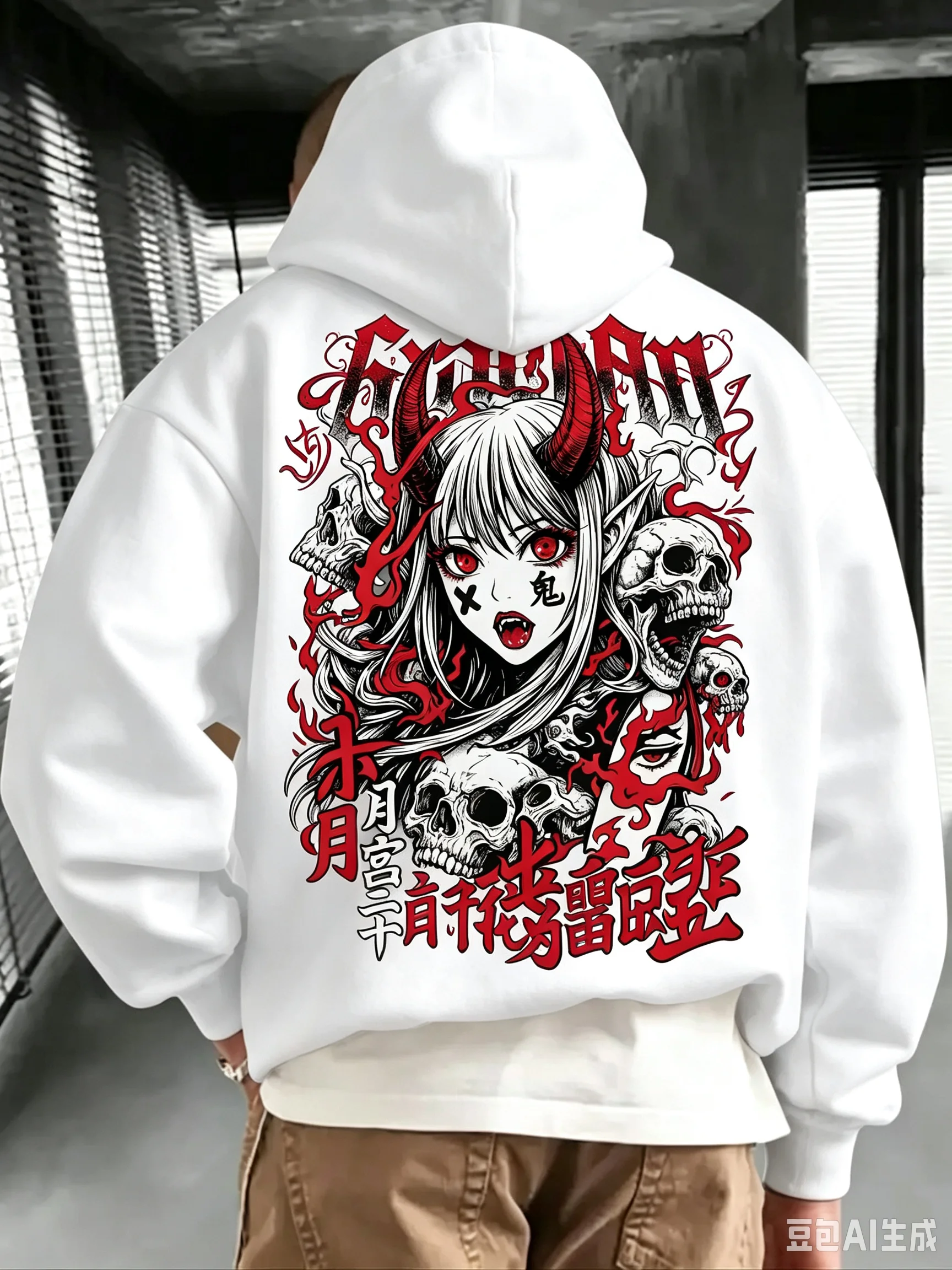 Men's Anime Hooded Sweatshirt Street Style Pullover with Gothic Skull and Japanese Characters Print Autumn/Winter Sweatshirt