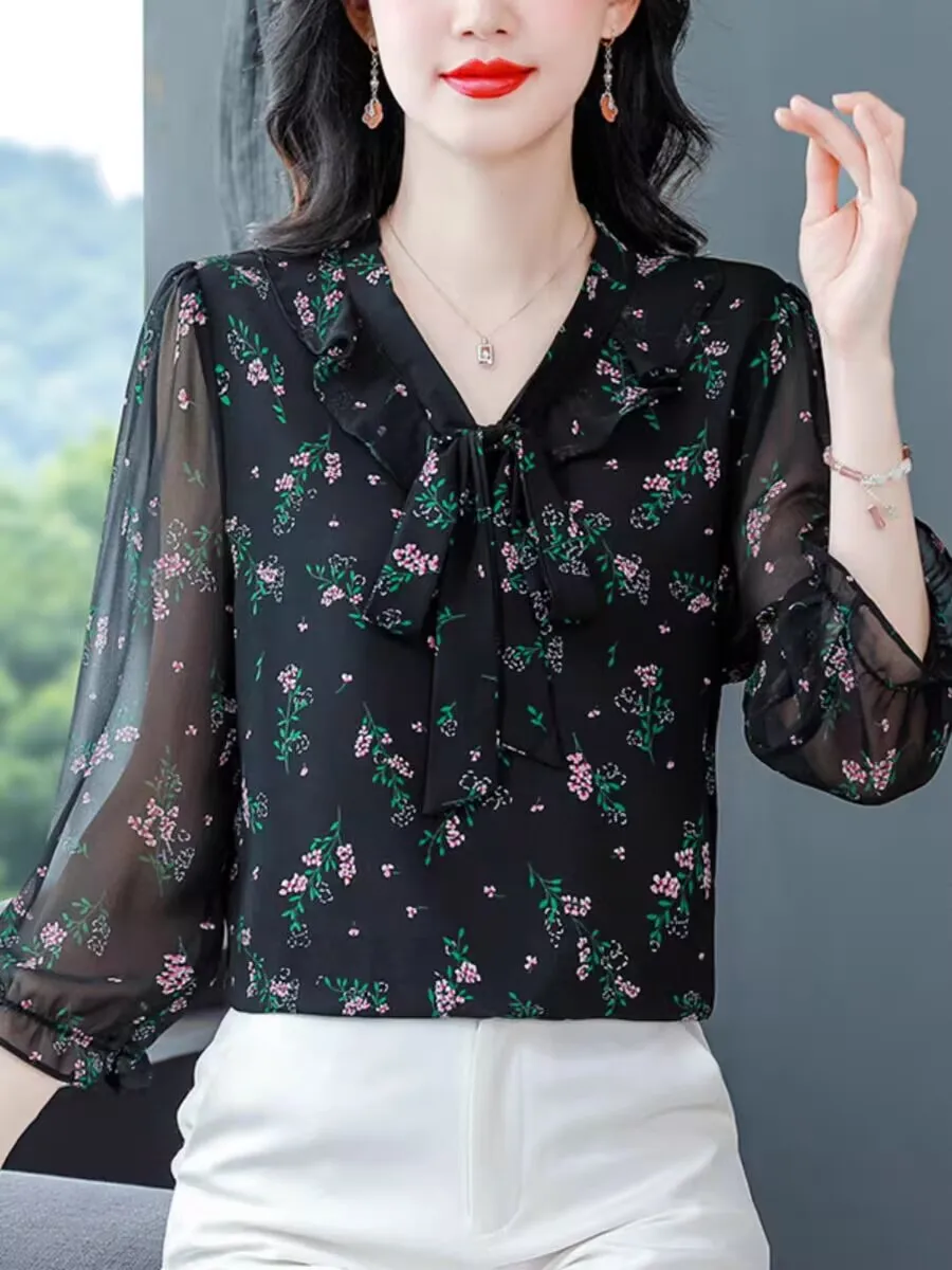 

2025 Energetic Elegant Printed Flowers Spring Summer Woman Blouse Chiffon Tops Female Turn Down Collar Loose Half Open Collar