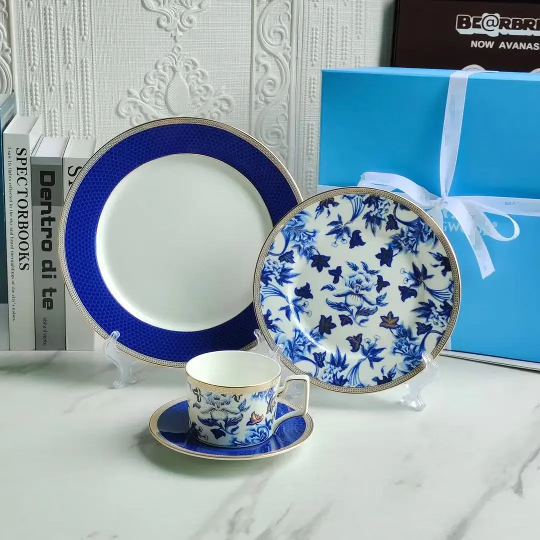 European Klein blue hibiscus bone porcelain plate ins wind European household high-end tableware housewarming gift box