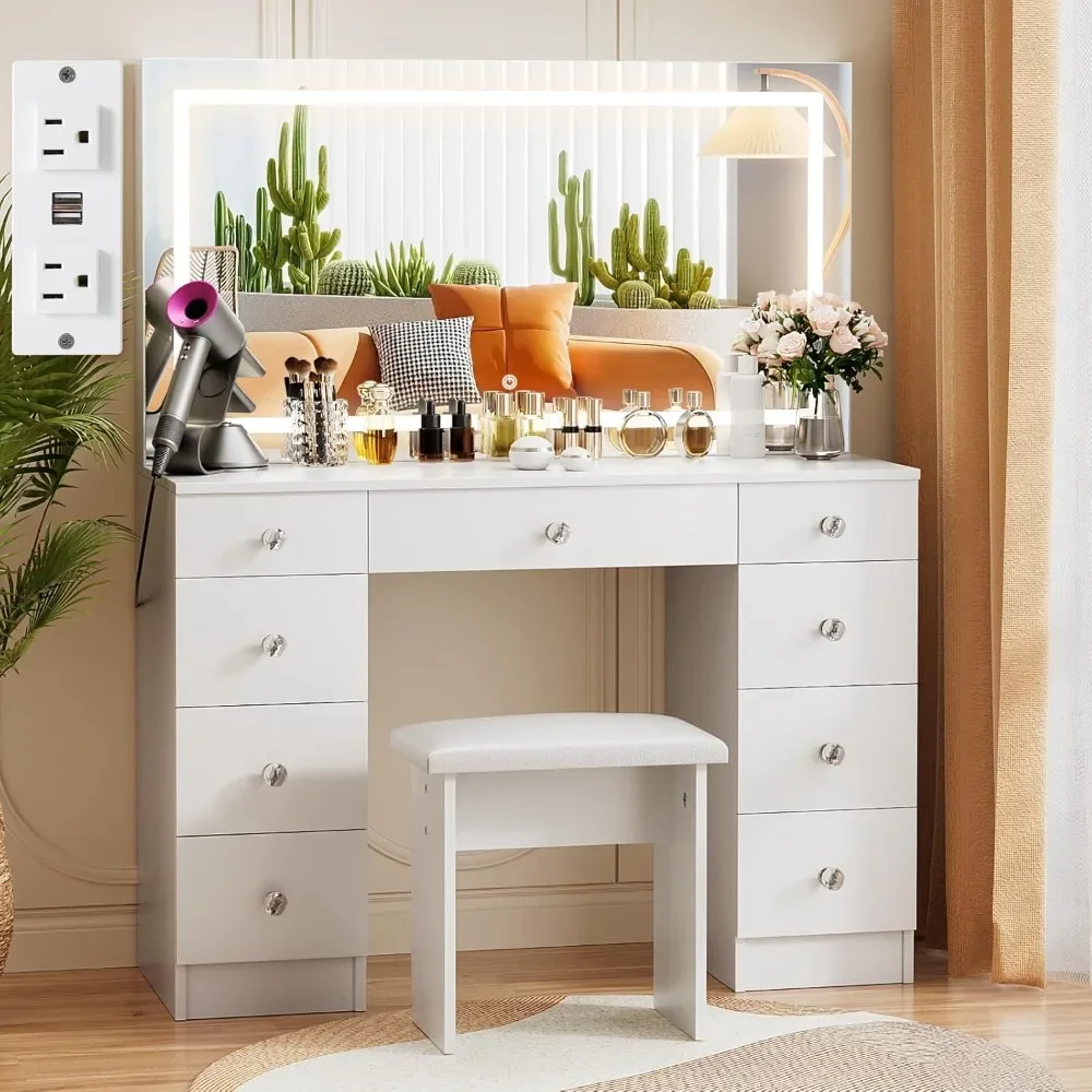 Vanity with Lighted Mirror - Makeup Vanity Desk with Power Outlet and 9 Drawers, 3 Color Adjustable Brightness, 43