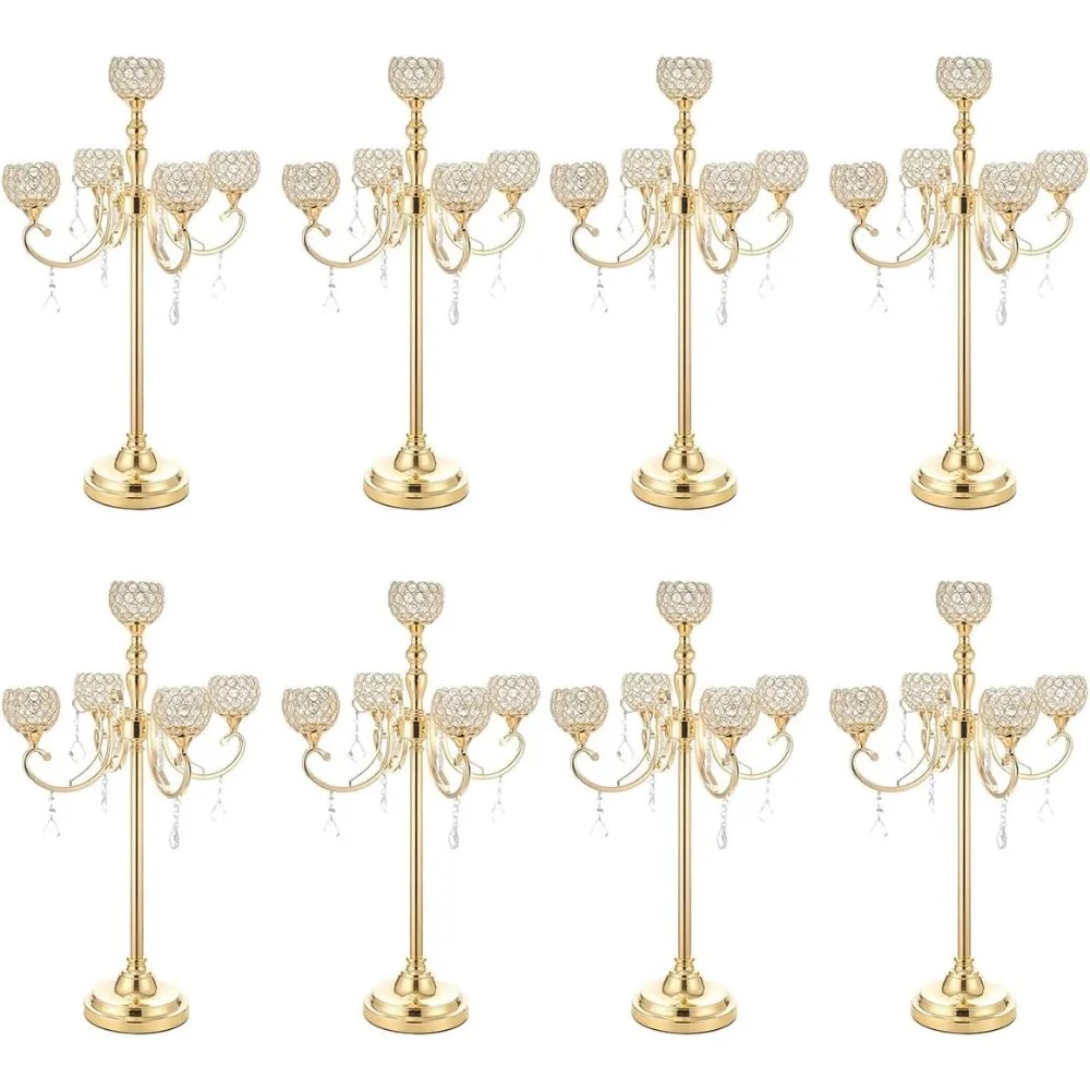 8 gold crystal candle holders, 5-arm floor candle holder bracket, used for wedding, Christmas, and dinner events candle holders