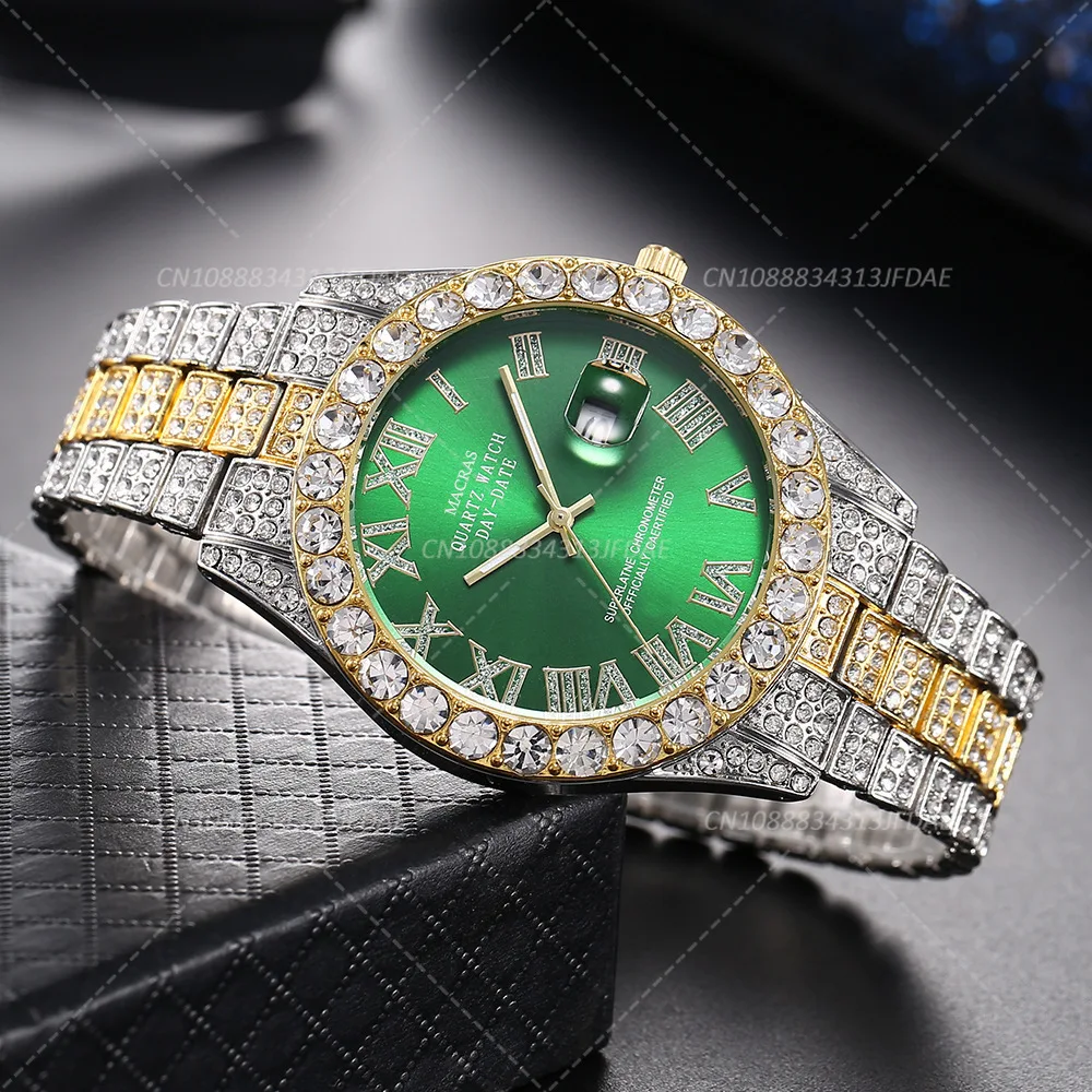 Luxury Men Watch Classic Golden Steel Strap Roman Rhinestone Calendar Quartz Watch Fashion Male Wristwatch Relogio Masculino