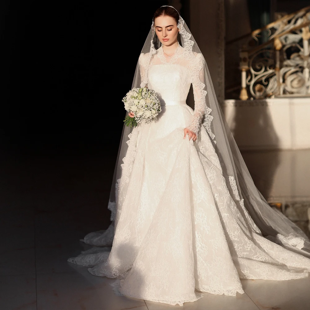 

Modest Lace Wedding Dresses High Neck Long Sleeve A Line Bride Dress White Islamic Church Bridal Gown Customized robe de mariée