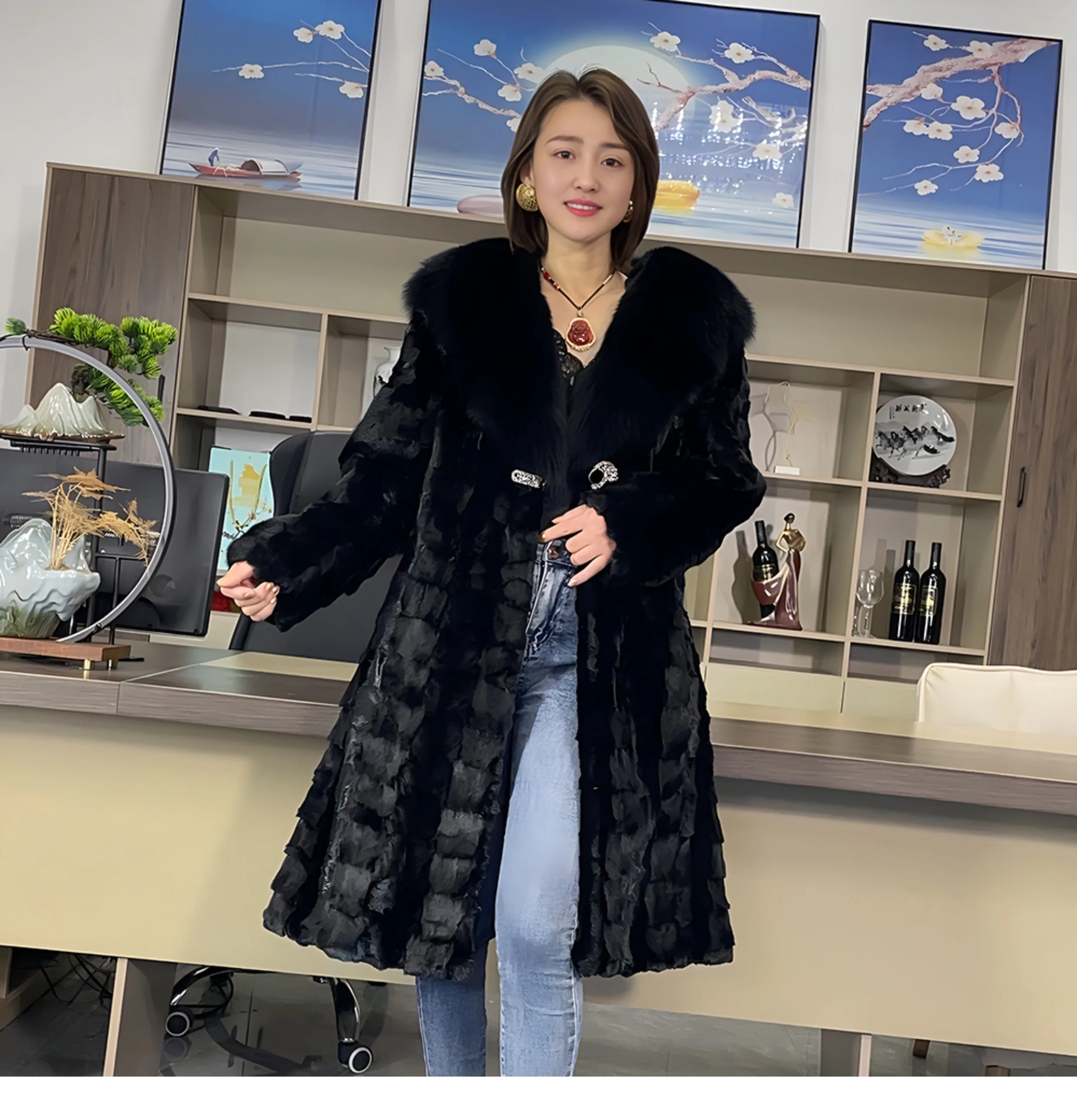 

New Winter Women Coat Real Natural Mink Fur Coat With Big Fox Fur Collar Jacket Fashion Thick Warm Jacket Luxury Female Coat