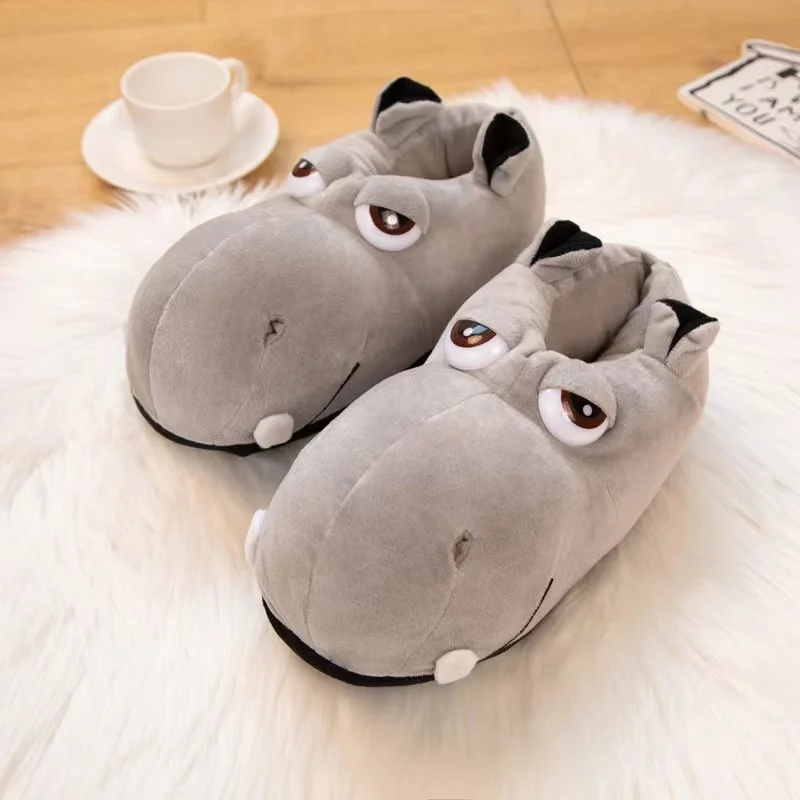 Cute Cartoon Hippo Slippers Full Covered Warm Winter Elephant Slides Indoor Bedroom Animal Pattern Shoes For Man Woman