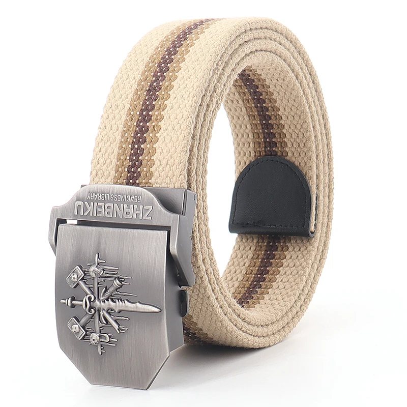 Mens Canvas Outdoor Tactical Army Belt 3D Sword Relief Metal Buckle Unisex Jeans Belt for Men Military Training Hunting Belts