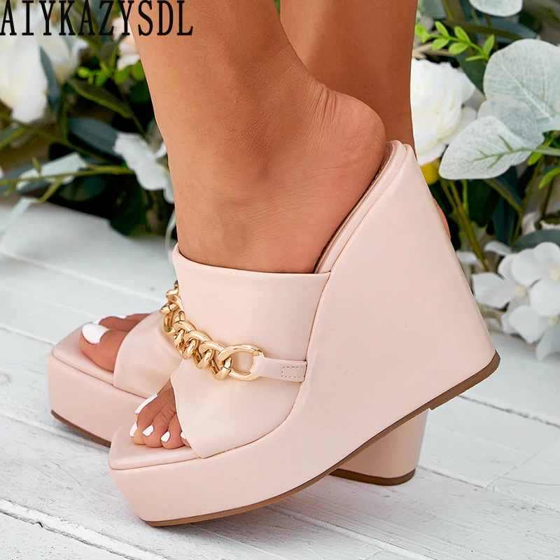 

AIYKAZYSDL Peep Toe Platform Wedge Slippers Women Summer Shoes Woman High Sandal Slippers Red Black Mules Slide Chain Shoes