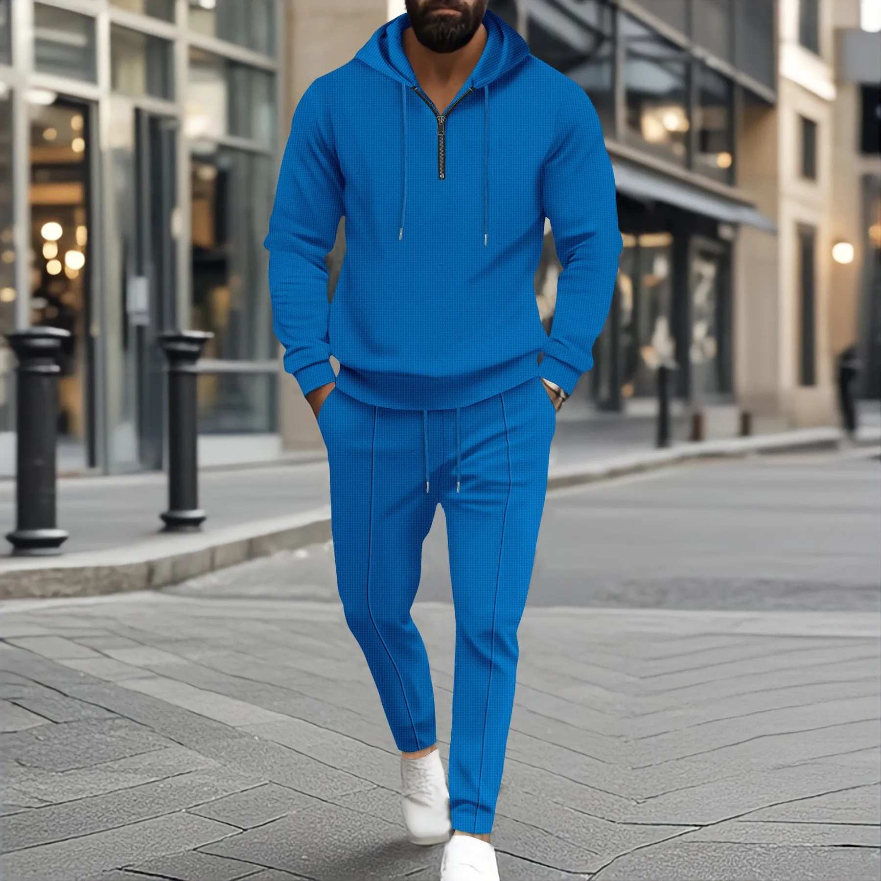 

Cross-border Amazon independent site men's new waffle knit hooded small zipper casual long-sleeve and long-pants two-piece set