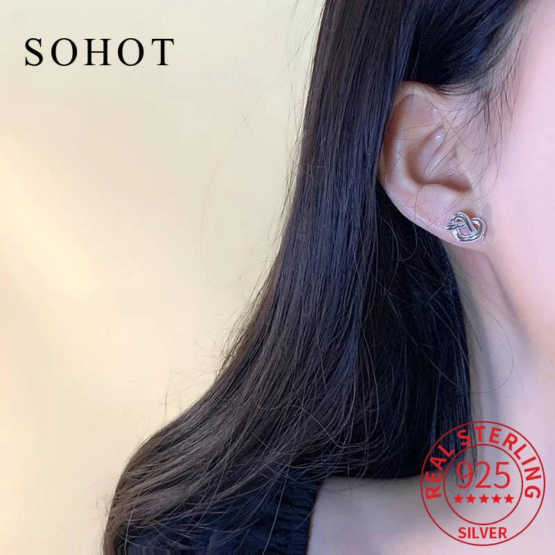 

Real 925 Sterling Silver Minimalist Heart Stud Earrings for Women Trendy Fine Jewelry Geometric Light Luxury Accessories