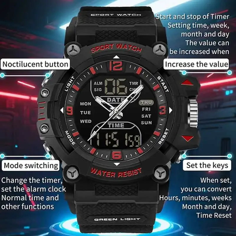 SANDA LED Waterproof  Digital Clock Dual Display Men's Watches Sports Watch Military Man Alarm Stopwatch Quartz Wristwatch Male