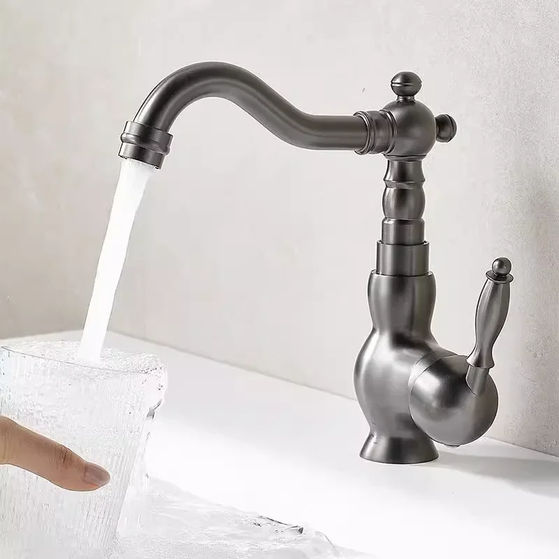 

Легкий роскошный пистолет-серый смеситель для ванной комнаты, вращающийся смеситель для горячей и холодной столешницы, смеситель с одним отверстием в стиле ретро