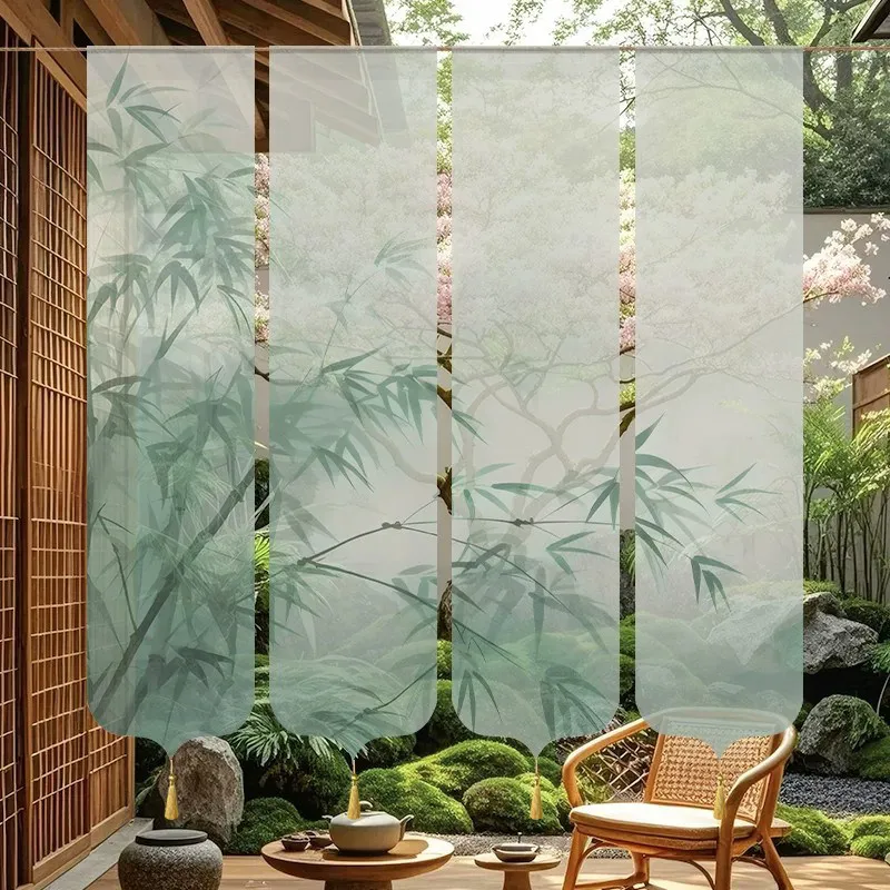 Zen Bamboo Print Sheer Room Divider Curtain – Hanging Gauze Panel for Tea Room Meditation Yoga Studio Japandi Decor Wabi Sabi