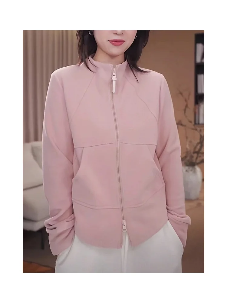 

Розовый свитшот-жакет женский, модный, облегающий, с высоким воротником, бархатный базовый топ, осень-зима, новинка, корейский стиль