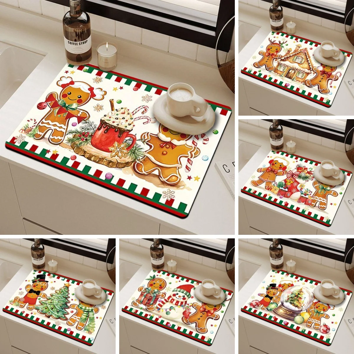 VIKAMA Christmas Dish Drying Mat White Red Green Border Gingerbread Man Cocoa Mug Sink Mat Kitchen Pad Christmas Holiday Decor