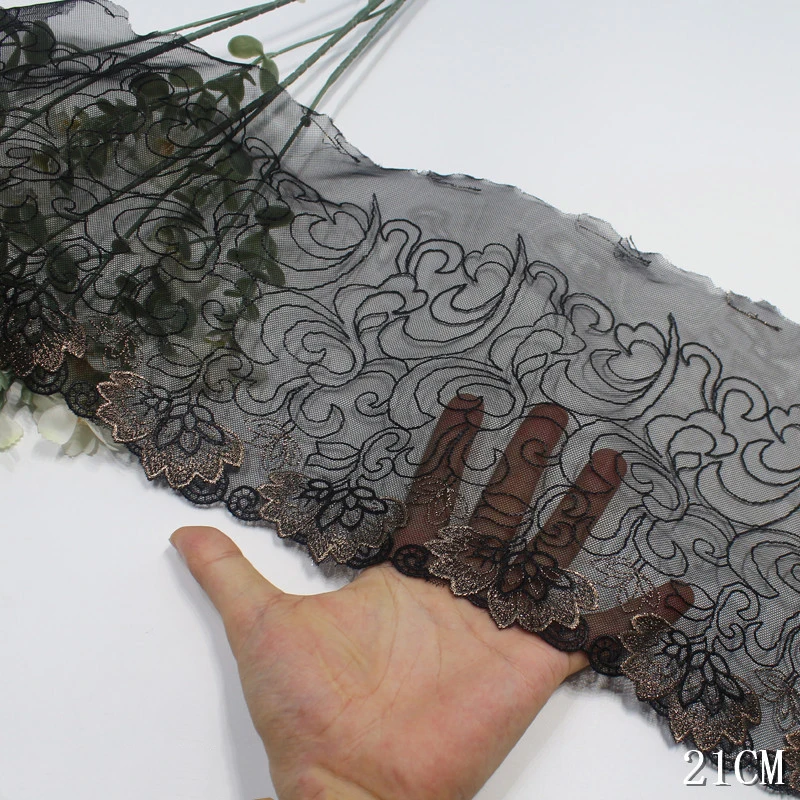 42Yards Flower Mesh Embroidery Lace 21cm wide Black Embroidered Lace Trim Polyester Nylon Lace For Lingerie