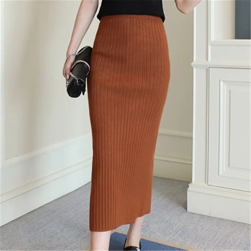 Hight Quality Autumn Winter Woolen Skirts Slim Belt Office Long Midi Skirt Step Pencil Skirt Knitted wool skirt PZ1193