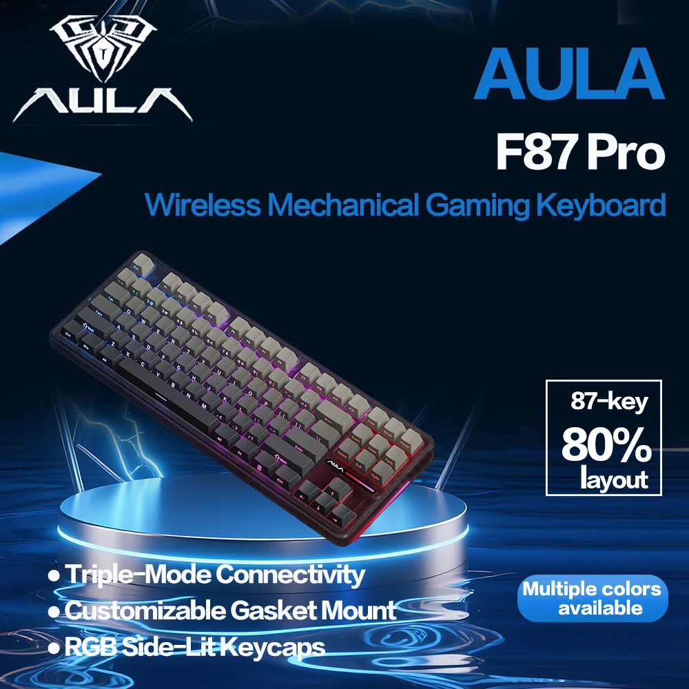 AULA F87 PRO Tastiera da gioco sostituibile a caldo con tri modalità Bluetooth wireless cablata con retroilluminazione RGB e manopola del volume