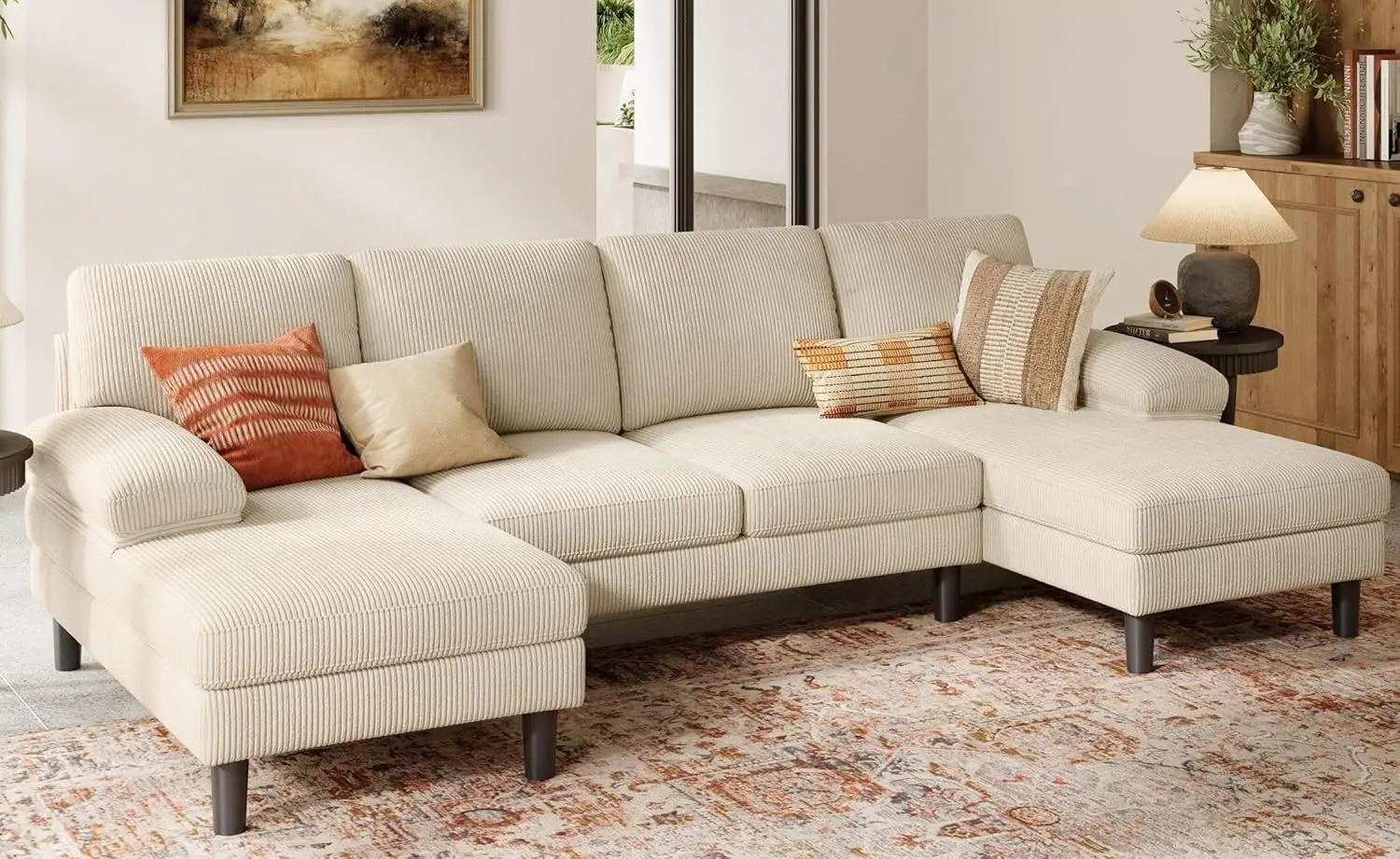 

Секционный диван LINSY HOME, вельветовый U-образный диван шириной 111 дюймов с подлокотниками для сна, 4-местный диван с двойными шезлонгами, глубокое сиденье