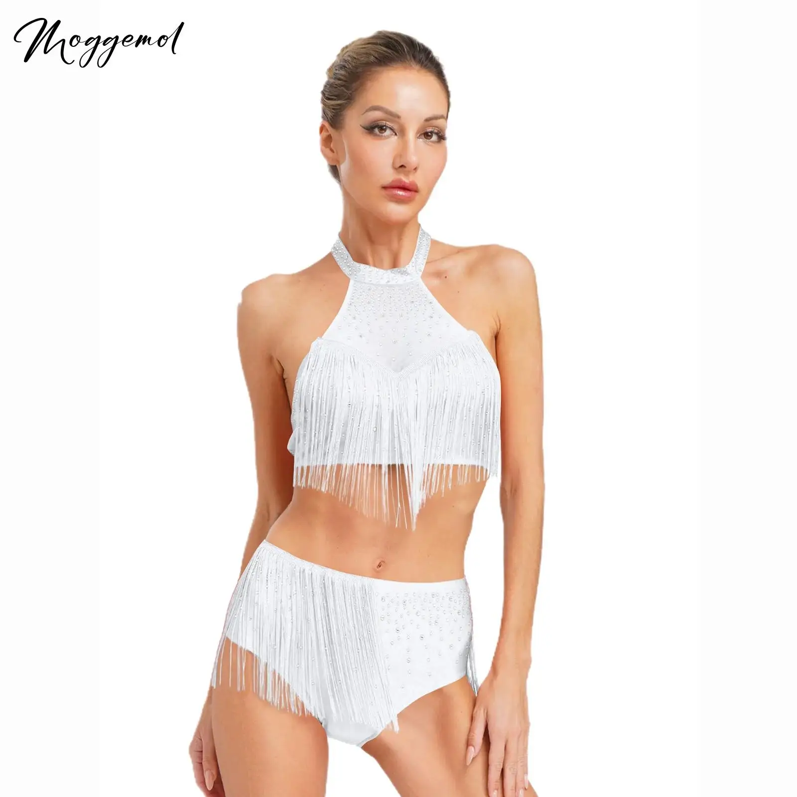 Dames Latin Dance Outfits Strass Competitie Halter Sheer Mesh Crop Tops met kwastje Shorts voor Salsa Samba Buikdansen