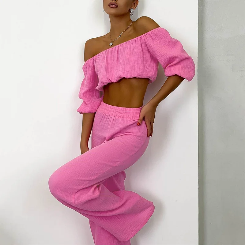 

Slash Neck Off Shoulder Cropped Tees Tops Summer Ladies 2 Piece Pants Set Long Sleeve Solid Cotton Loose Casual Women Clothing