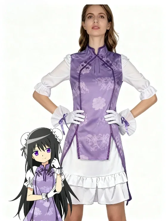 

AiniMe Akemi Omura Cosplay Puella Magimadoka Magica Cosplay Bowwig Chinese Style Small Cheongsam Cartoon Full Christmas Costume