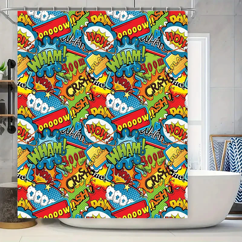 Comic Book Style Shower Curtain Superhero Theme Home Decor Bath Rug TPU Waterproof Bathroom Liner for Kids Bathrooms