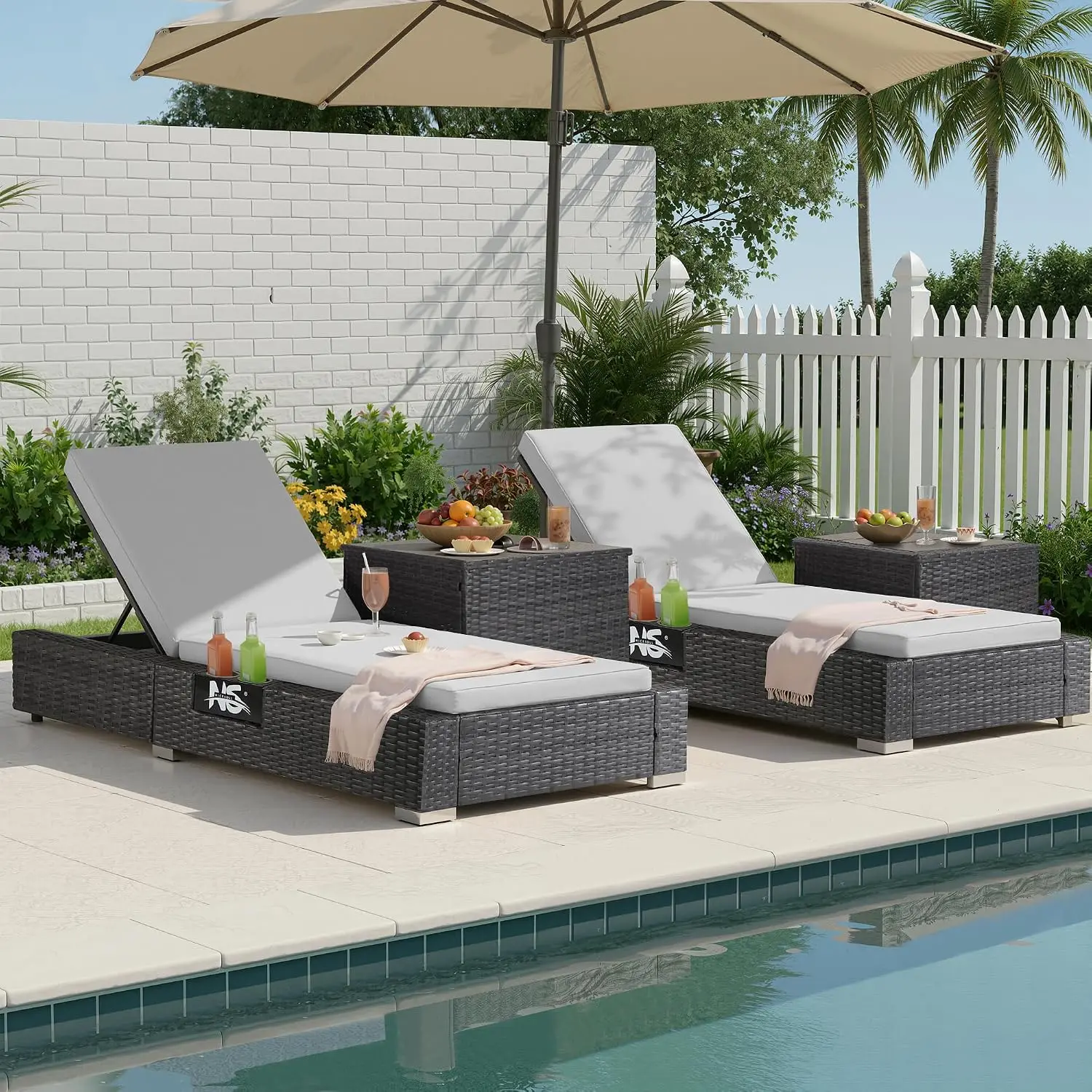 Outdoor Chaise Lounge 4 Set, 5-Position Adjustable Wicker Recliner With Cushions, 500Lbs Heavy-Duty Lounger , Customized