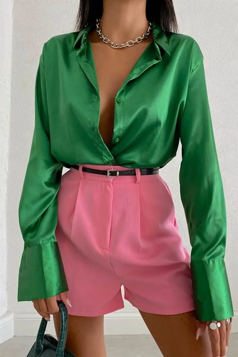 Frauen Grün Oversize Satin Hemd