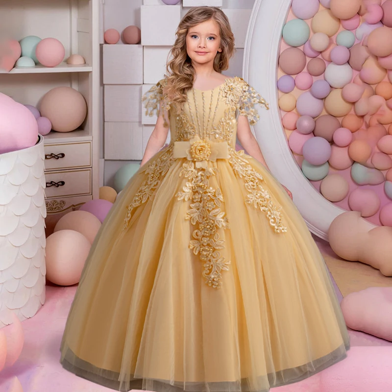 Girls' embroidered princess dress 4-12 years old lace sleeveless mesh cake dress high-end performance dress for banquet hosts