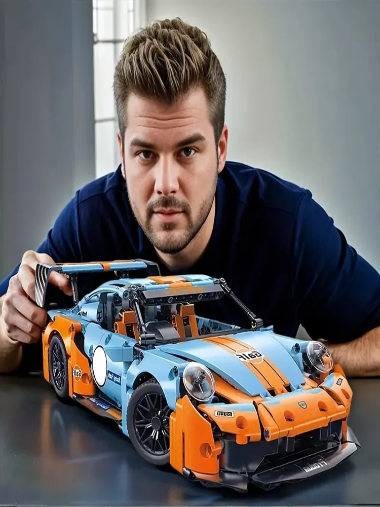 600 Stück blaue/orangefarbene Auto-Bausteine, DIY 3D-Puzzle-Bausatz, geeignet für Schlafzimmer-/Wohnzimmerdekorationen.