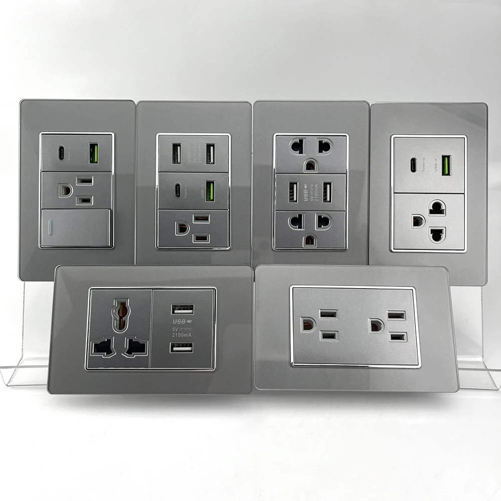 Prise murale intelligente en verre trempé gris, USB type-c américain 20W, charge rapide, interrupteur d'éclairage de prise de courant USB double thaïlandais mystère