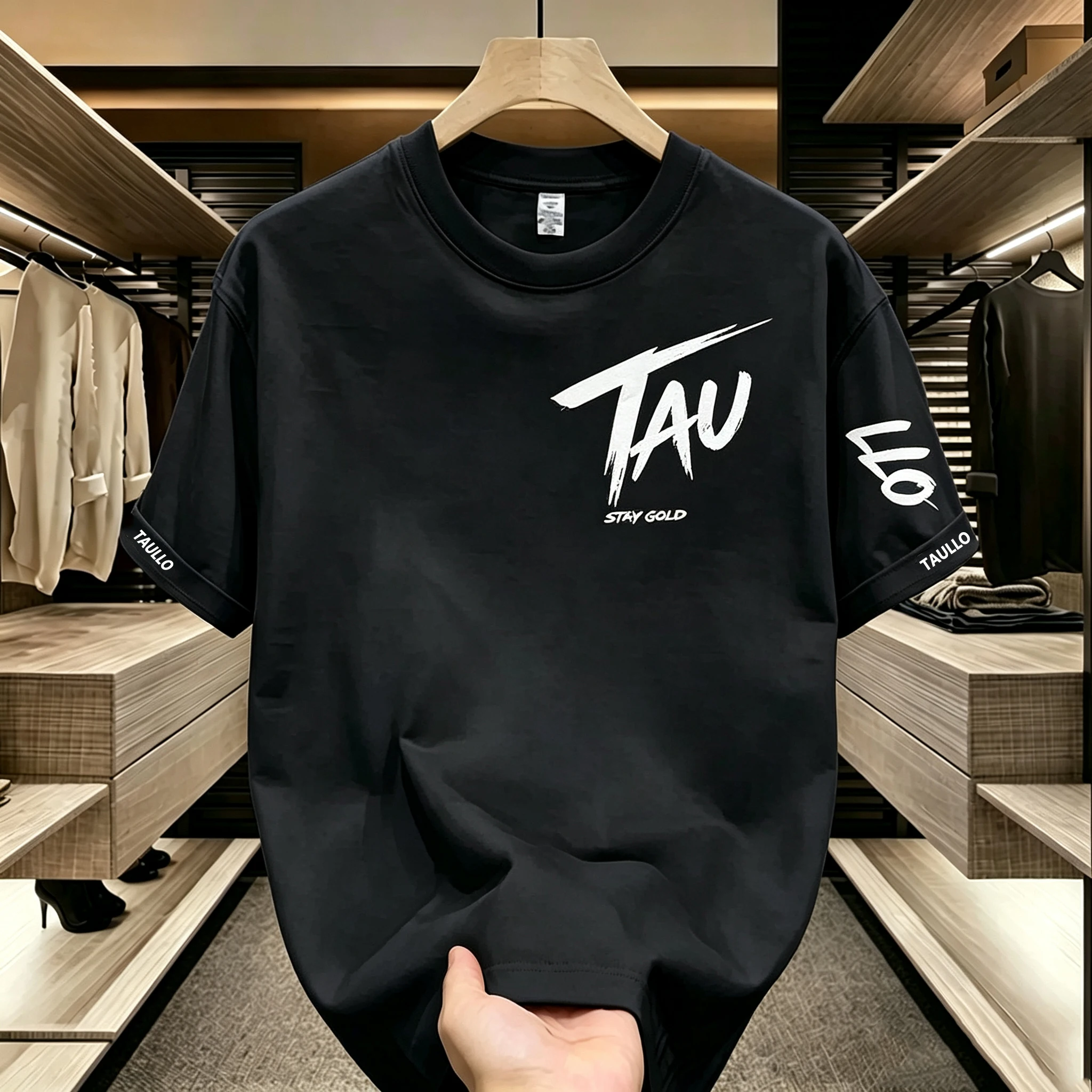 Men's 100% polyester fiber summer loose letter printed breathable, casual and fashionable round neck short sleeved T-shirt top