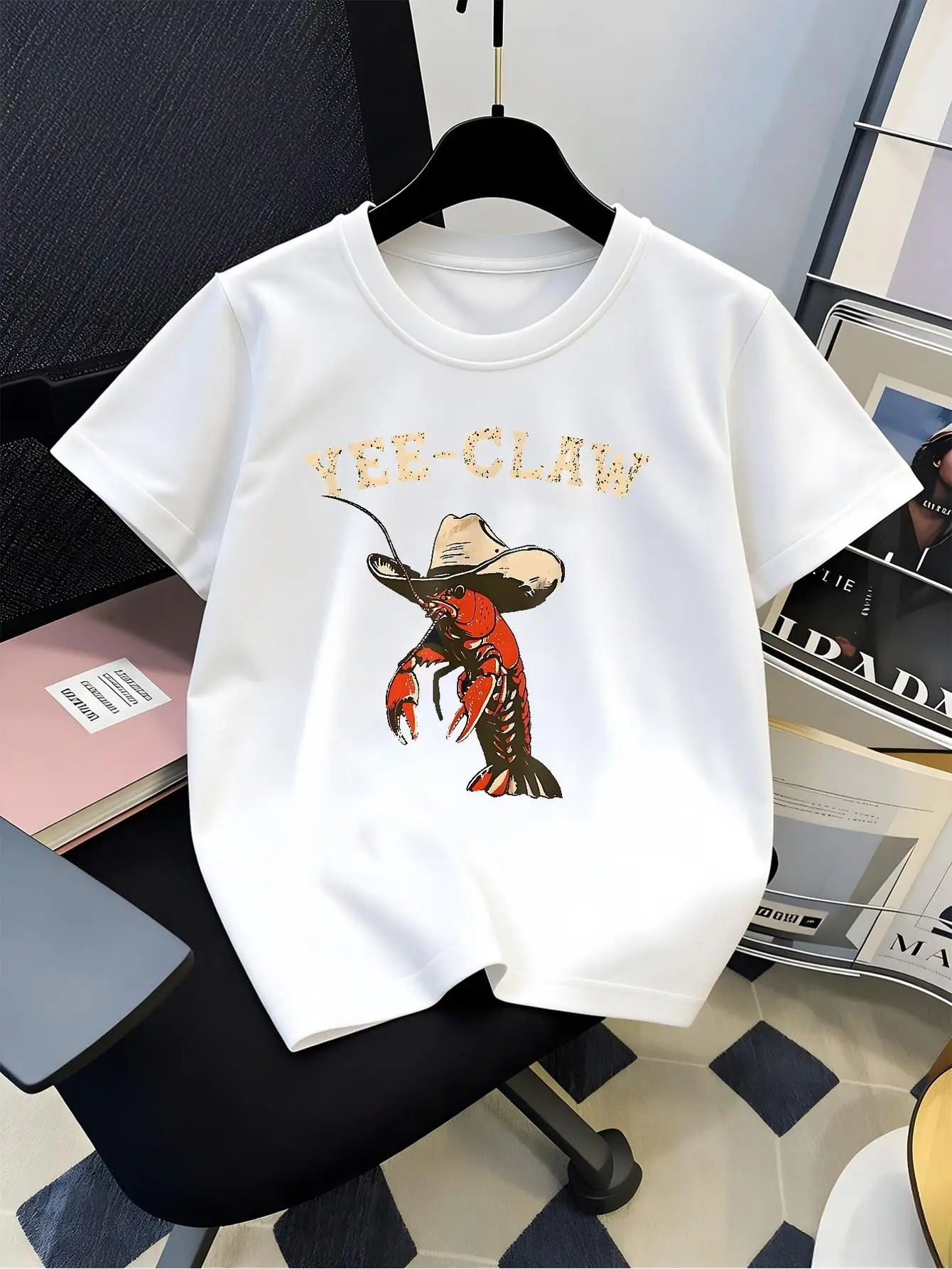 Kids Parent Child Matching T Shirt Boys Girls Yee Claw Crawfish Cowboy Hat Retro Western Cartoon Casual Short Sleeve Family Tee