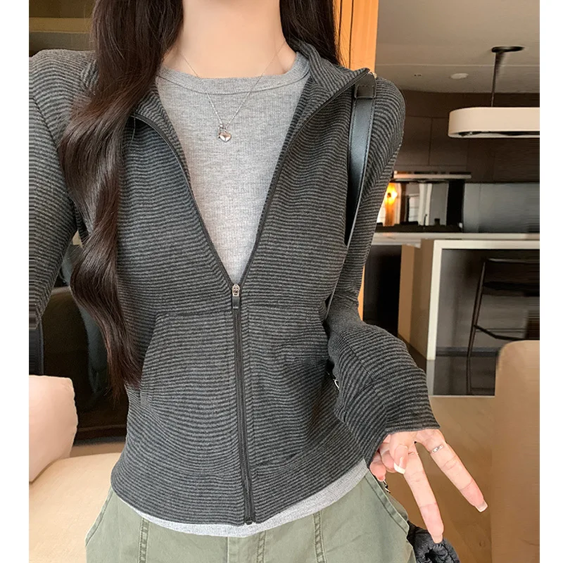 Women's Autumn Winter Striped Stand-up Collar Zipper Long-sleeve Hoodies Jacket