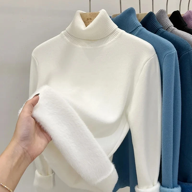 Winter Thicken Velvet Turtleneck Sweater Women Elegant Lined Warm Sueter Knitted Pullover Slim Top Korean Solid Color Jumper New