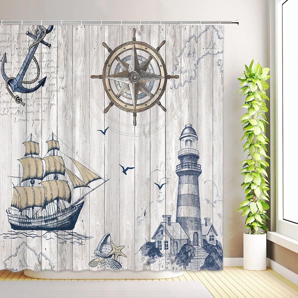 Nautical Coastal Shower Curtain Lighthouse Anchor Sailboat Seashell Starfish Octopus Ocean Beach Bathroom Decor with Hooks