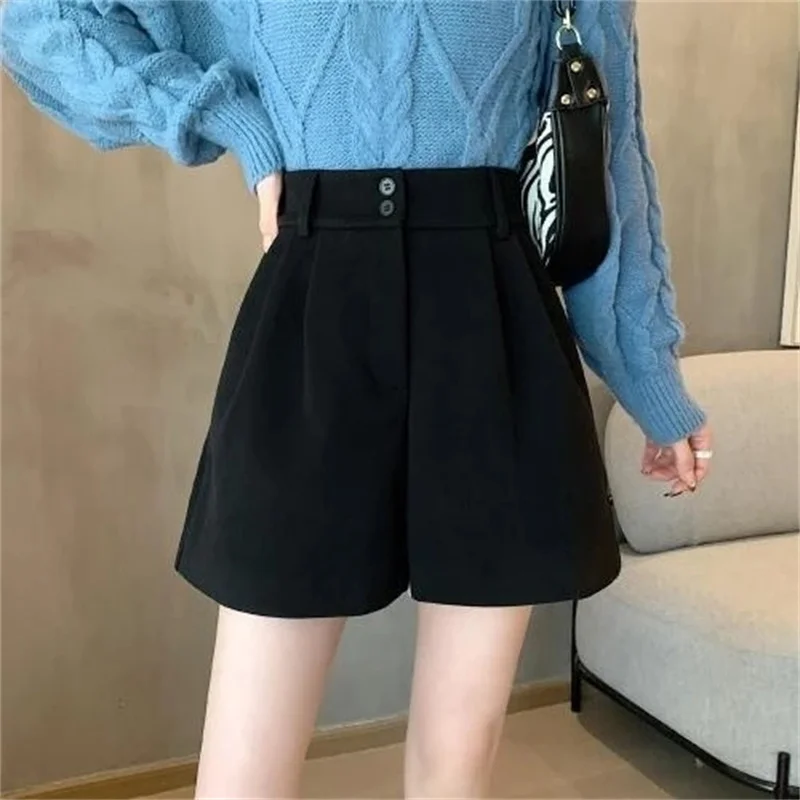 Korean Female High Waist Woolen Shorts Autumn Winter Ladies Leisure A-line Wide Leg Boots Pantalons New Women Fashion Trousers