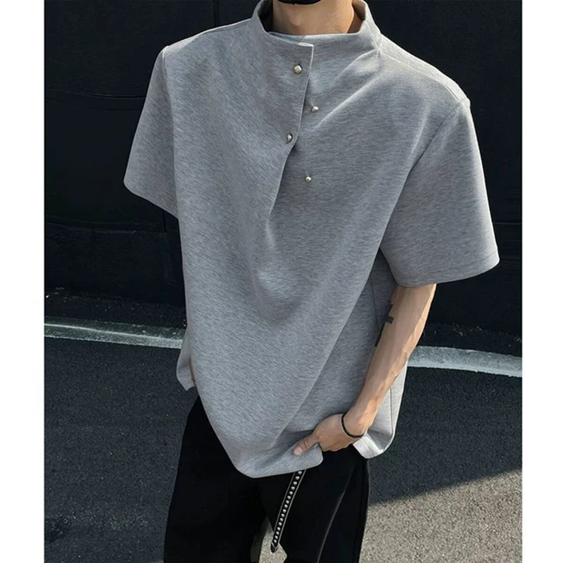 Men Niche Designer Short Sleeve Tee 2026 New Heavy Fabric Half High Collar Irregular Oblique Buttons Loose Solid Street T Shirt