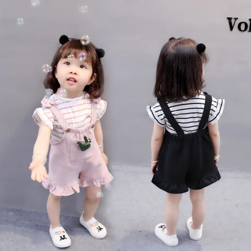 Summer Children Clothing Baby Cute Girls Casual T-Shirts Bib Shorts 2Pcs/Set Toddler Cartoon Fashion Cotton Infant Clothes Suit