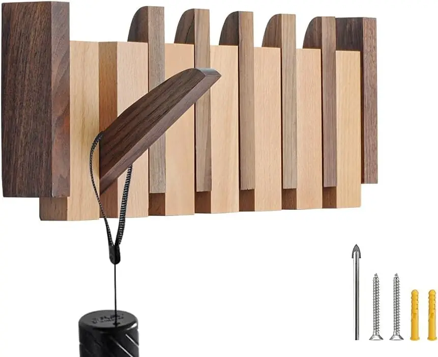 

Wooden Wall Coat Rack with 6 Magnetic Hooks for Entryway, Bathroom, Bedroom, Kitchen - Space-Saving Design