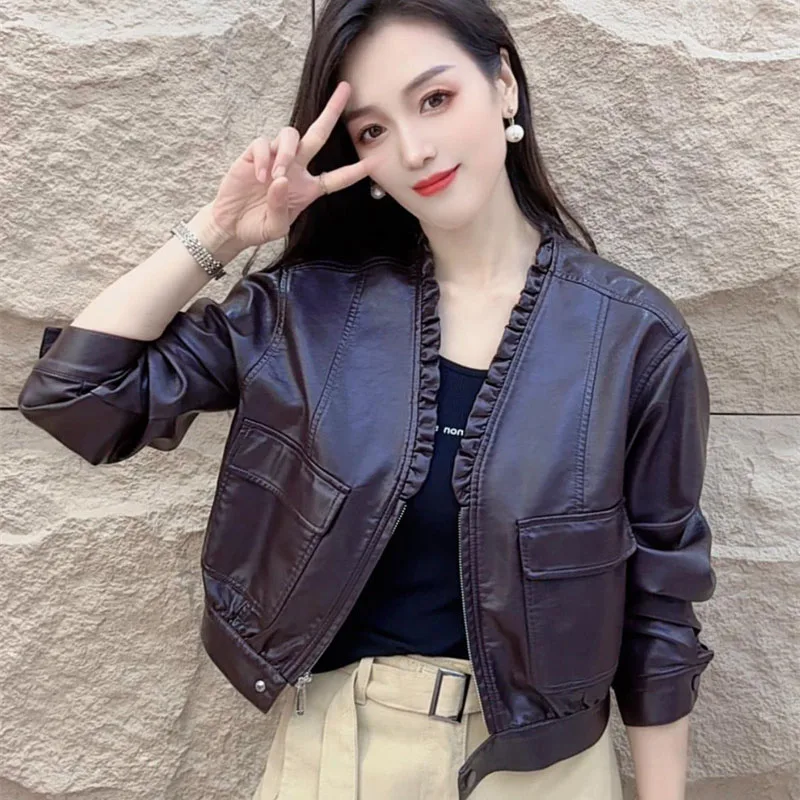 2026 Spring Autumn Short Leather Jacket for Women Fashion Solid Color Lace V-neck Loose PU Leather Jacket Top Motorcycle Coat
