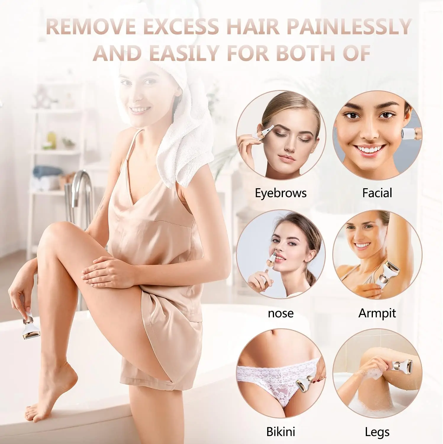 ماكينة حلاقة كهربائية للنساء ماكينة تشذيب بيكيني 4 في 1 ماكينة حلاقة غير مؤلمة أو أرجل الوجه والحواجب والأنف قابلة للفصل ماكينة إزالة الشعر القابلة لإعادة الشحن