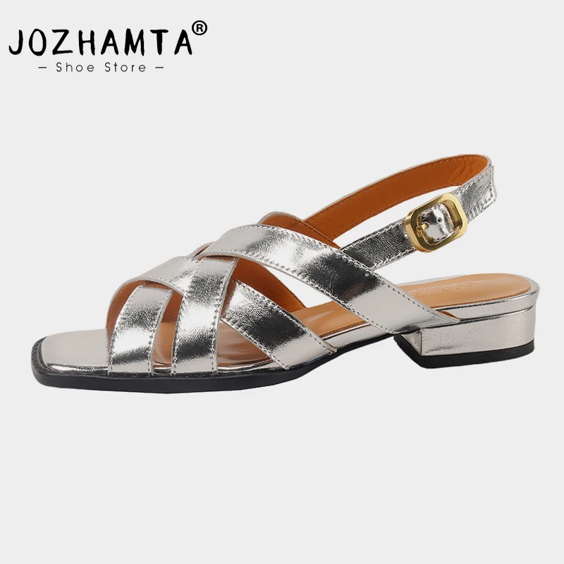 JOZHAMTA Size 34-39 2023 Real Leather Sandals For Women Low Heel Shoes Fahion Platform Shoes Buckle Party Sandals