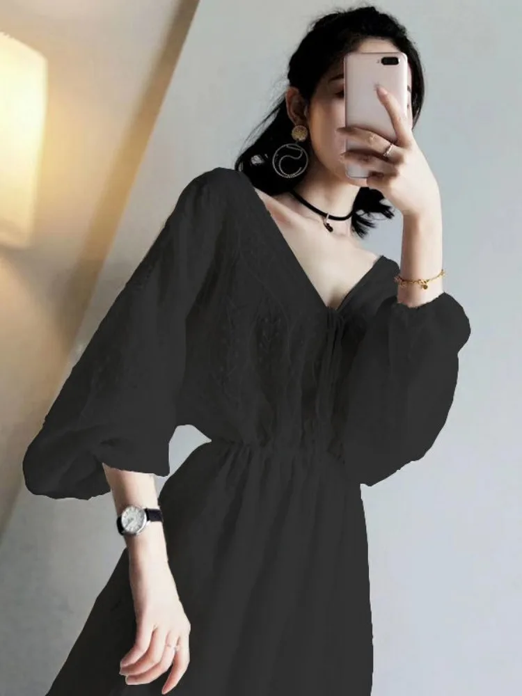 2025 Korean Elastic Waist Woman Dress V Neck  Embroidery Sweet Vestidos De Mujer Bandage Temperament Dresses Vintage Robe Femme