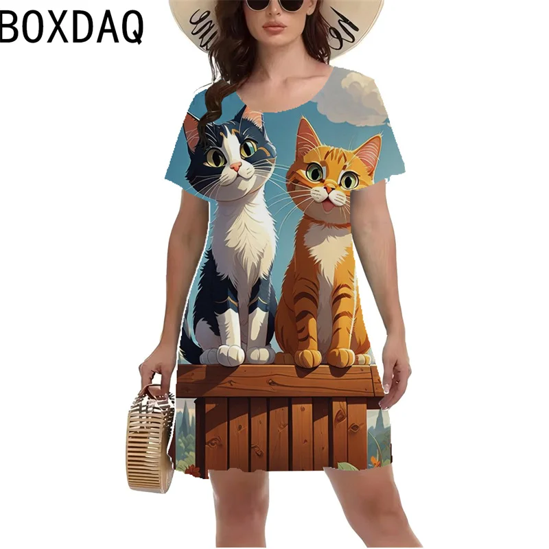 Funny Cat Pattern Printed Dress 3D Fashion Casual A-Line Dress S-3XL Big Size Women Short Sleeve O-Neck Mini Dress Vestidos