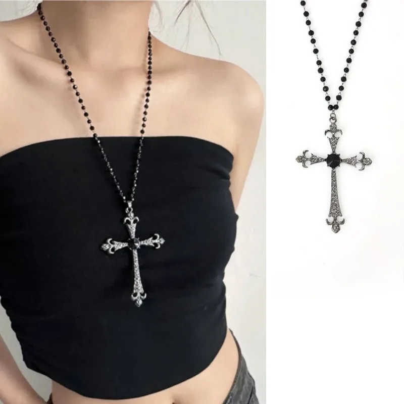 

Black White Shiny Cross Pendant Necklace Unisex Long Versatile Sweater Chain Accessories