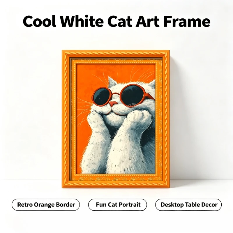 Wooden Framed Fridge Magnet White Cat Wearing Glasses with Tilted Chin Quirky Magnetic Decor Sticker for Kitchen Cabinet
