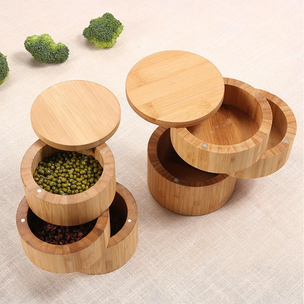 

Bamboo Seasoning Box 3 Layer Rotating Spice Container Kitchen Gadget Salt Pepper Sugar Storage Jar Desktop Organizer