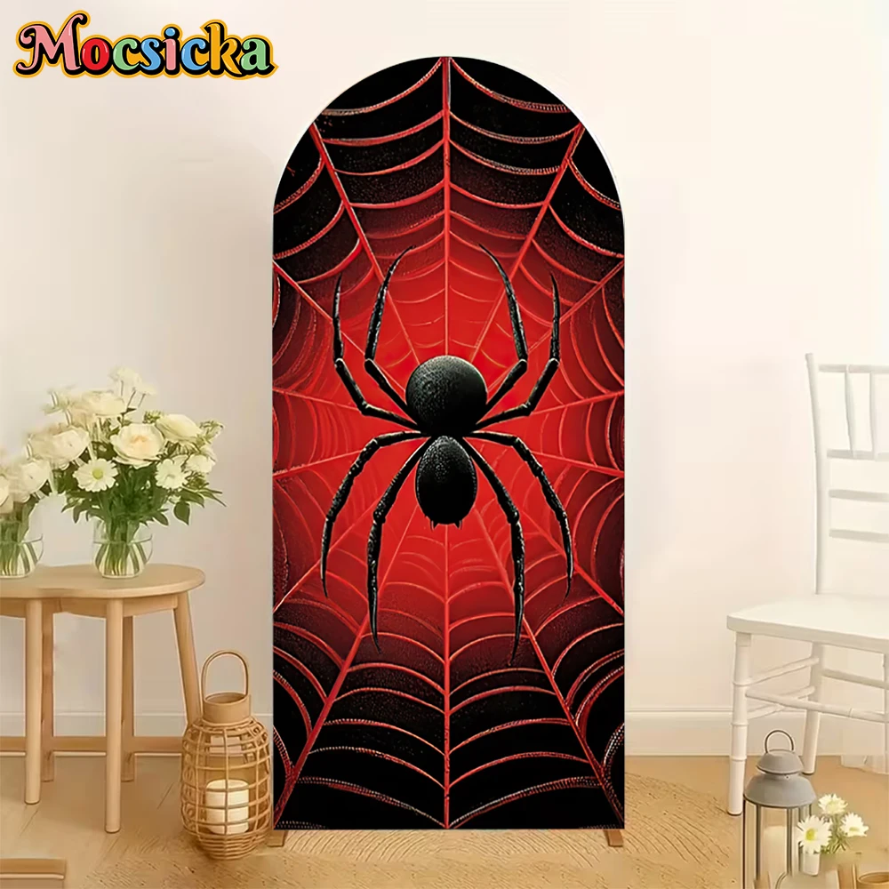 Mocsicka Red Gradient Spider Web Arch Photography Background Black Spider Birthday Halloween Backdrop Boys Studio Shooting Decor