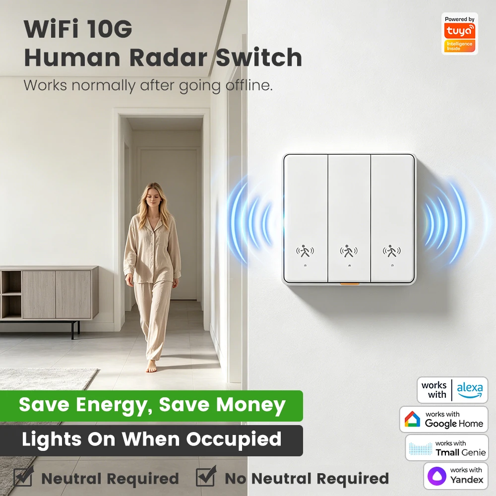 For WiFi 2.4GHz Human Presence Radar Sensor Switch No Neutral Required Graffiti Smart APP 10G Microwave Motion Detection 240V